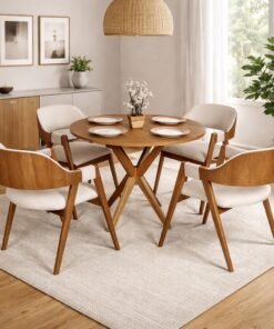 Mesa Redonda Simpatia 108 Cinamomo com 4 Cadeiras Pérola Linho Areia – JCM MOVELARIA + WJ DECOR