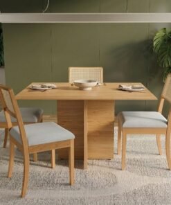 Mesa Pérola 120 Imbuia Mel (Tampo Viena s/vidro) com 4 Cadeiras Lola Linho Gelo A077A – CARVALHO DECOR + KAPPESBERG