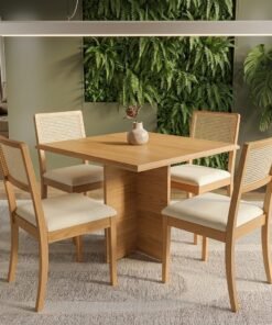 Mesa Pérola 90 Imbuia Mel (Tampo Viena s/vidro) com 4 Cadeiras Lola Linho Areia A085A – CARVALHO DECOR + KAPPESBERG