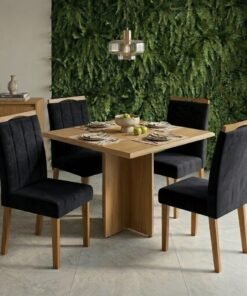 Mesa Pérola 90 Imbuia Mel (Tampo Viena s/vidro) com 4 Cadeiras Las Vegas Veludo Preto 13 – CARVALHO DECOR + OURO DECOR