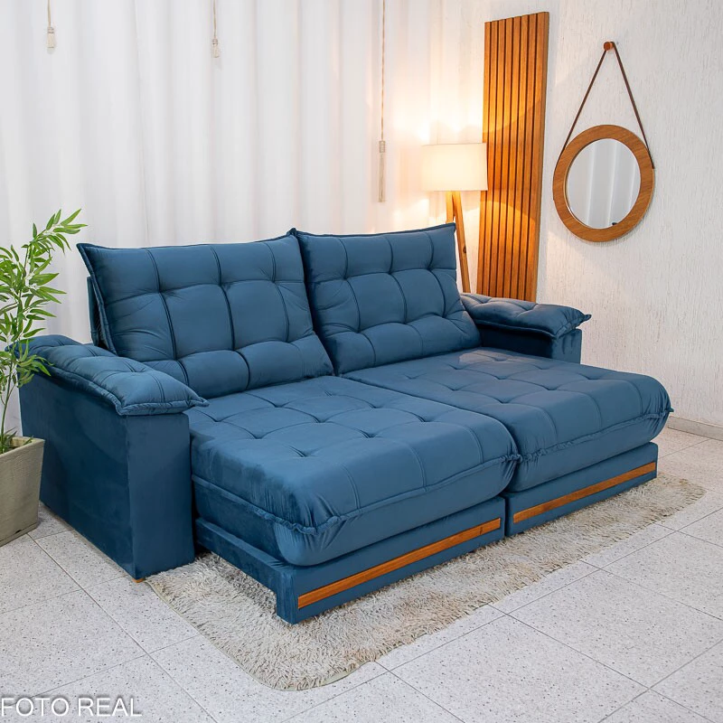 Sofá Retrátil Reclinável Barcelona 2.30m Veludo Azul 325 - D33 e Molas Ensacadas - Imagem 9