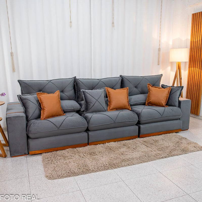 Sofá Retrátil Reclinável Gran Bello 3.20m Veludo Cinza - Molas Ensacadas - Imagem 7
