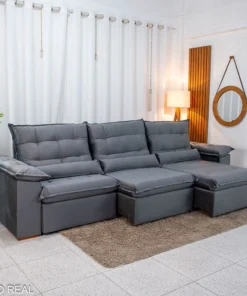 Sofá Retrátil Reclinável Emanuelly 3.20m Veludo Cinza 20