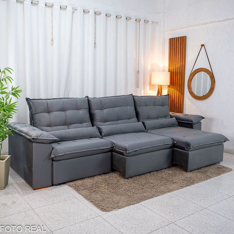 Sofá Retrátil Reclinável Emanuelly 3.20m Veludo Cinza 20