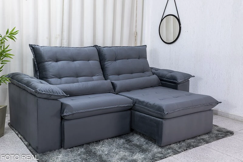Sofá Retrátil Reclinável Emanuelly 2.00m Veludo Cinza 20