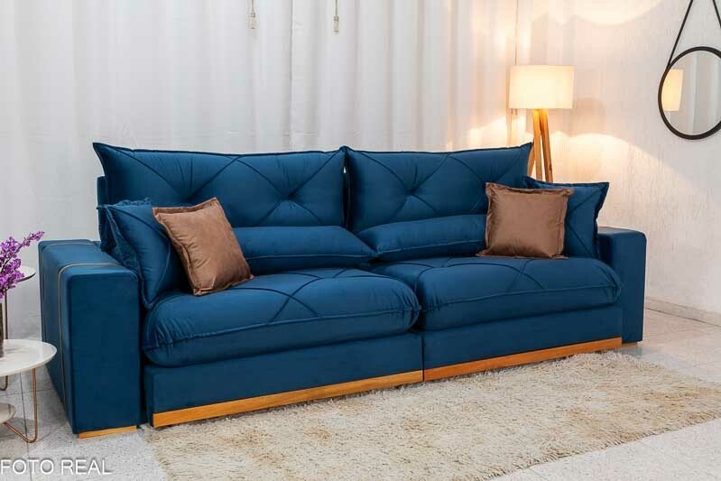 Sofá Retrátil Reclinável Gran Bello 2.90m Veludo Azul - Molas Ensacadas - Imagem 5