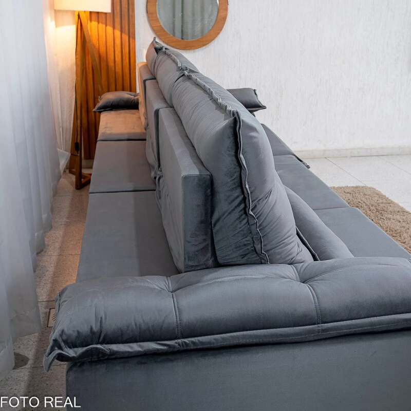 Sofá Retrátil Reclinável Emanuelly 3.20m Veludo Cinza 20 - Imagem 5