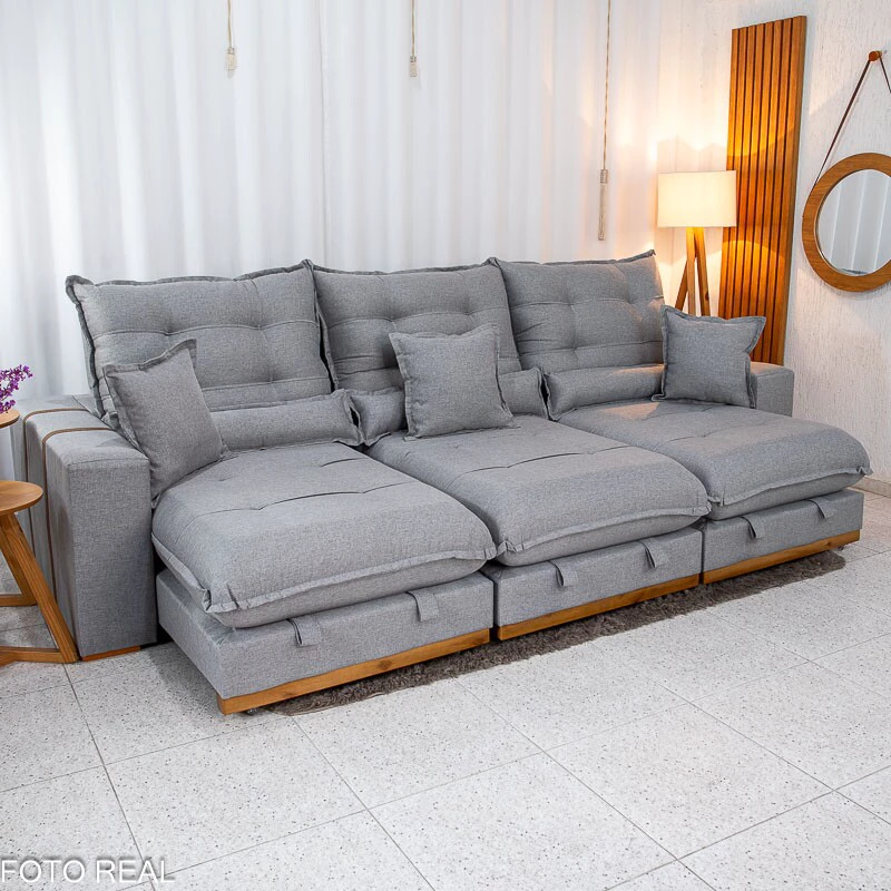 Sofá Retrátil Reclinável Mônaco 3.20m Linho Cinza A59 - Molas Ensacadas - Imagem 7