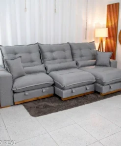Sofá Retrátil Reclinável Mônaco 3.20m Linho Cinza A59 - Molas Ensacadas