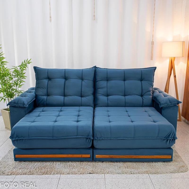 Sofá Retrátil Reclinável Barcelona 2.30m Veludo Azul 325 - D33 e Molas Ensacadas - Imagem 8