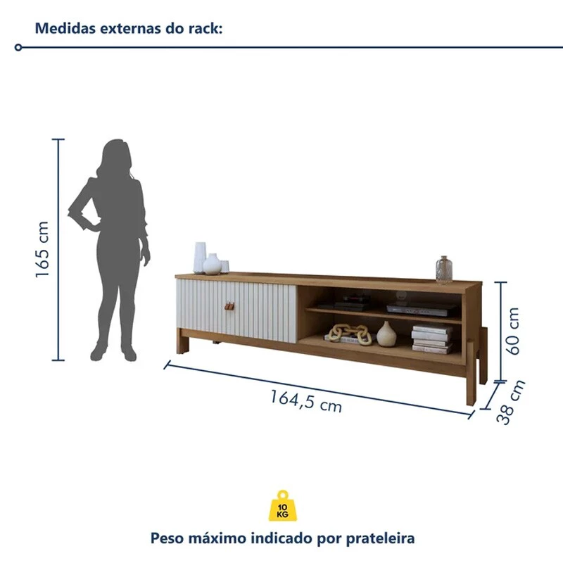 Rack Bancada Ouro Preto Larg. 1.64m Cinamomo/Off C/Detalhe Frisado para TV até 65" - Valdemóveis - Imagem 5