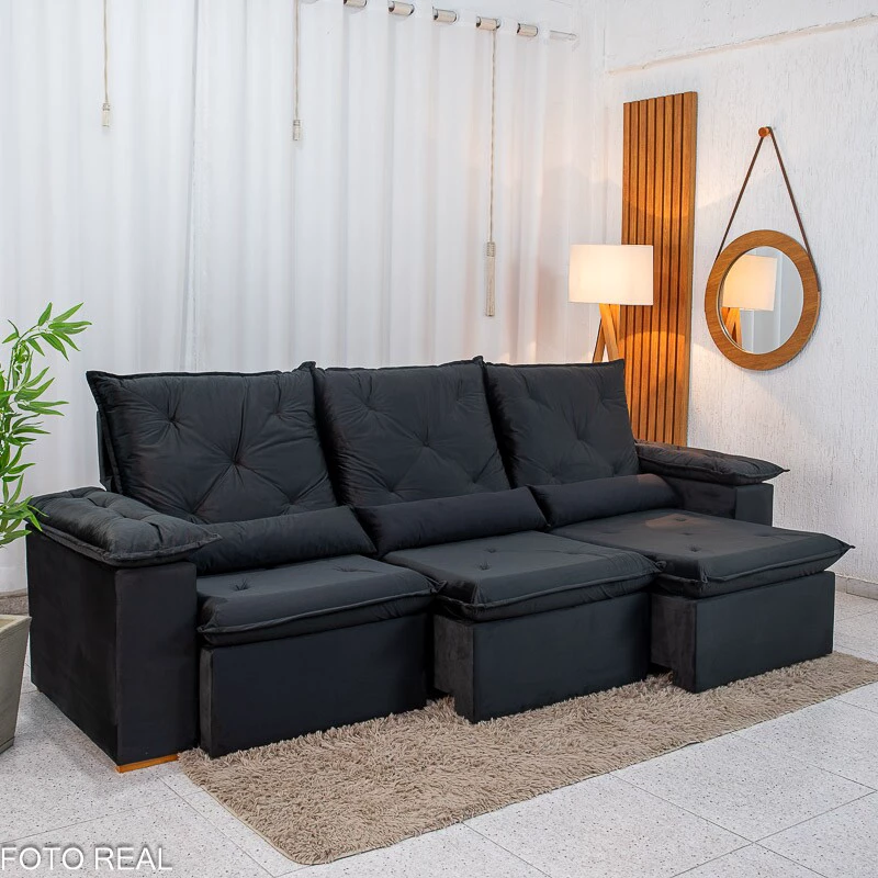 Sofá Retrátil Reclinável City 2.70m Veludo Preto - Sem Caixa