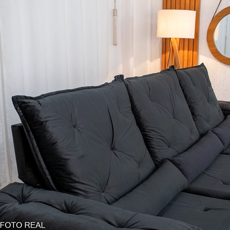 Sofá Retrátil Reclinável City 2.70m Veludo Preto - Sem Caixa - Imagem 11
