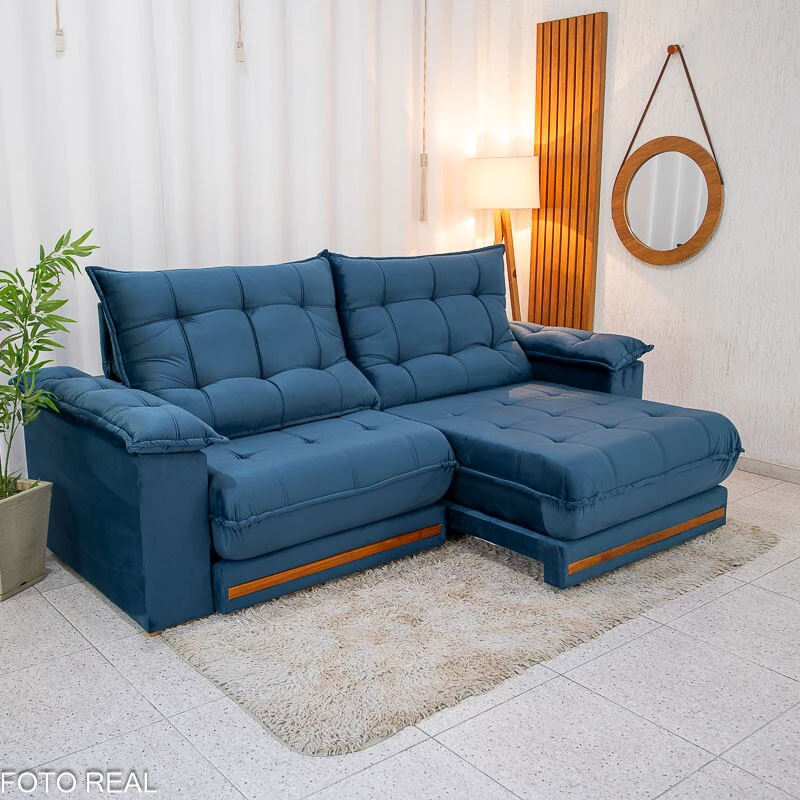Sofá Retrátil Reclinável Barcelona 2.30m Veludo Azul 325 - D33 e Molas Ensacadas - Imagem 7