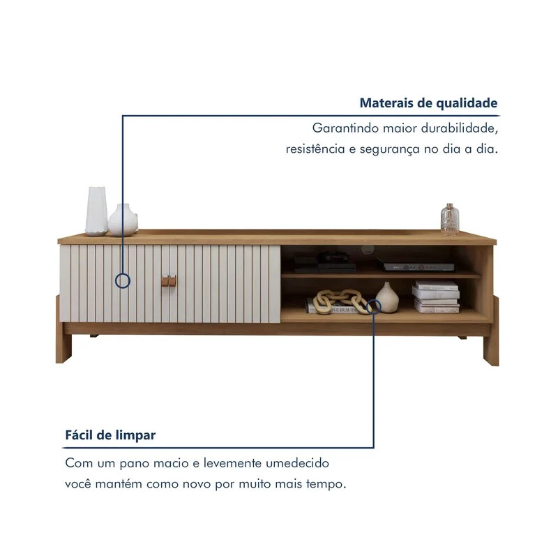 Rack Bancada Ouro Preto Larg. 1.64m Cinamomo/Off C/Detalhe Frisado para TV até 65" - Valdemóveis - Imagem 3
