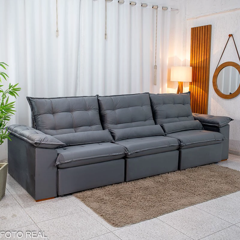 Sofá Retrátil Reclinável Emanuelly 3.20m Veludo Cinza 20 - Imagem 4