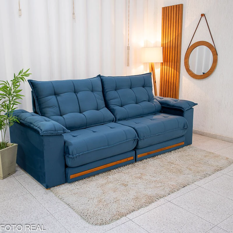 Sofá Retrátil Reclinável Barcelona 2.30m Veludo Azul 325 - D33 e Molas Ensacadas - Imagem 6