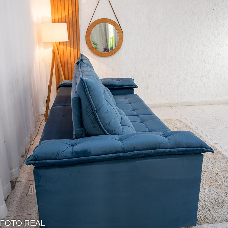Sofá Retrátil Reclinável Barcelona 2.30m Veludo Azul 325 - D33 e Molas Ensacadas - Imagem 2