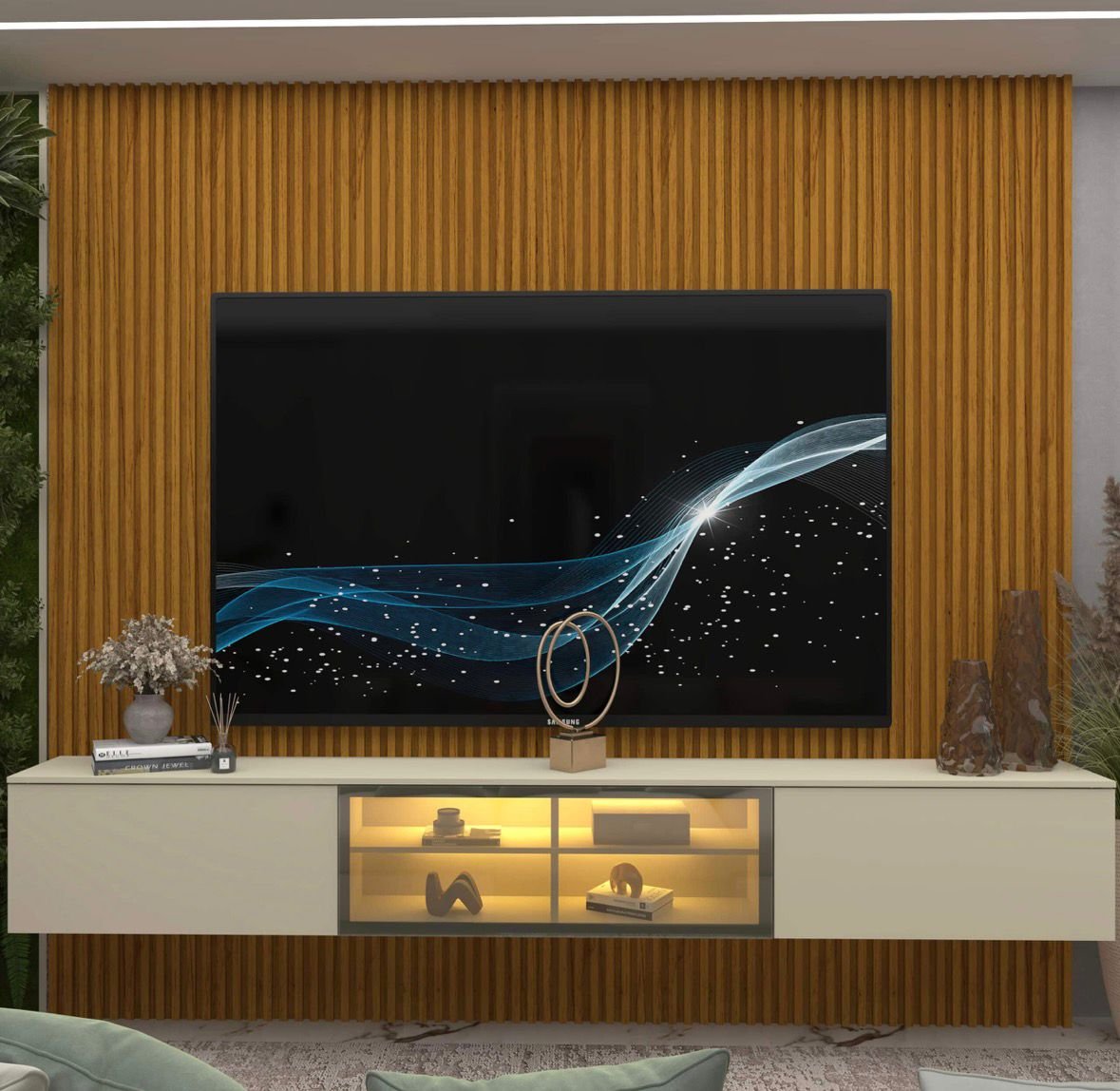 Home Suspenso até 85″ Supremo Ripado 218 Naturale com Nicho Luminare Off White – GELIUS