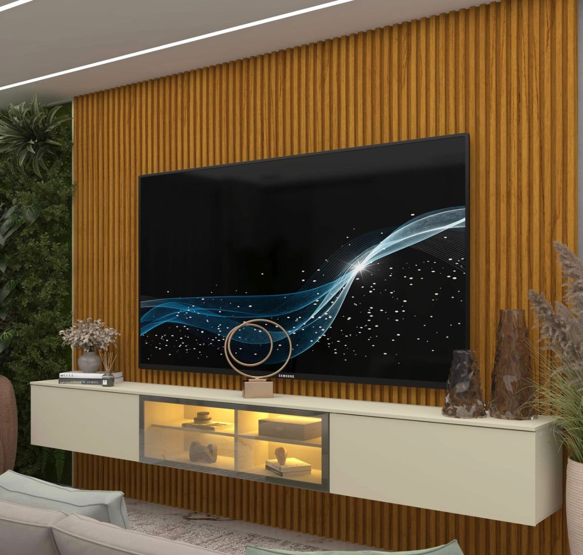 Home Suspenso até 85″ Supremo Ripado 218 Naturale com Nicho Luminare Off White – GELIUS - Imagem 4