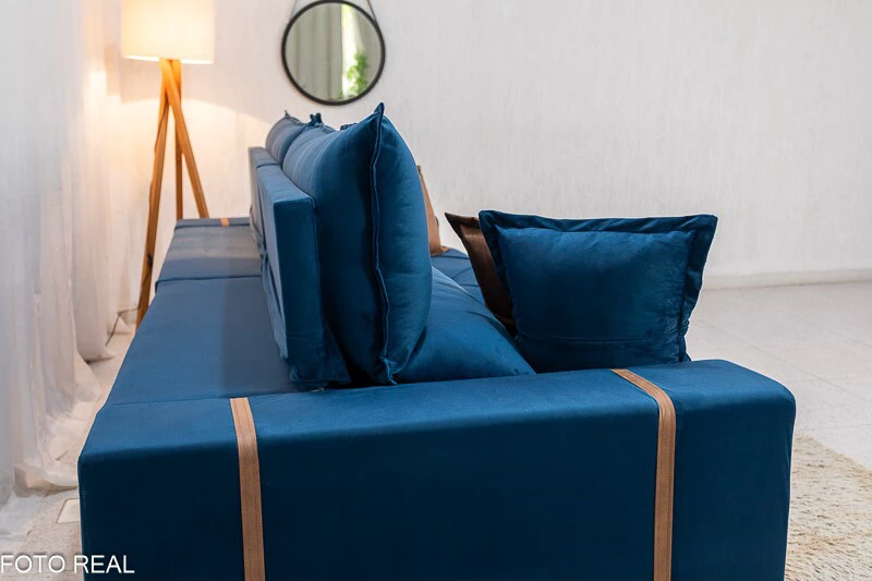 Sofá Retrátil Reclinável Gran Bello 2.90m Veludo Azul - Molas Ensacadas - Imagem 9