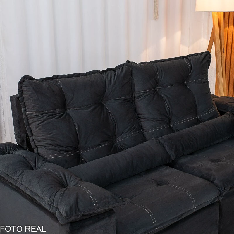 Sofá Retrátil Reclinável Grécia 2.00m Veludo Preto - Sem caixa - Imagem 9