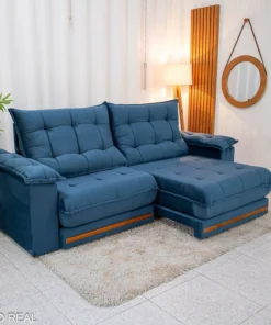 Sofá Retrátil Reclinável Barcelona 2.50m Veludo Azul 325 - D33 e Molas Ensacadas