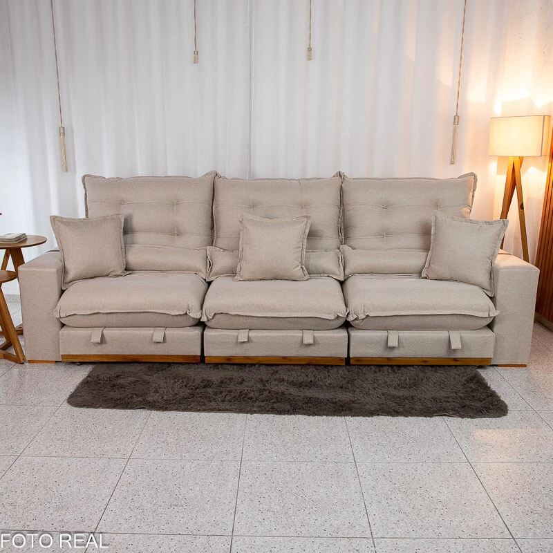 Sofá Retrátil Reclinável Mônaco 3.20m Linho Bege A57 - Molas Ensacadas - Imagem 7