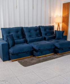 Sofá Retrátil Reclinável Mônaco 3.20m Veludo Azul A16 - Molas Ensacadas
