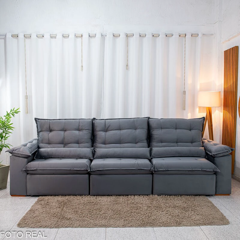 Sofá Retrátil Reclinável Emanuelly 3.20m Veludo Cinza 20 - Imagem 10