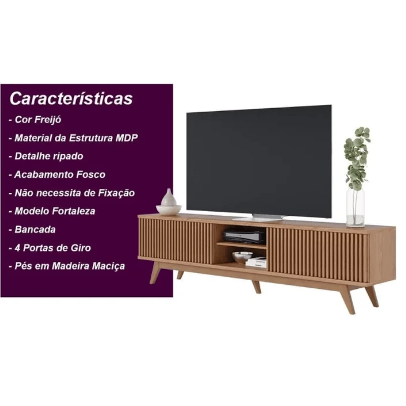 Rack Bancada Fortaleza C/Detalhe Ripado Larg. 2.18m Freijó Para TV's até 75 Polegadas - Colibri - Imagem 9