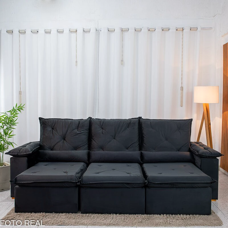 Sofá Retrátil Reclinável City 2.70m Veludo Preto - Sem Caixa - Imagem 9