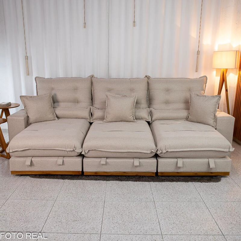 Sofá Retrátil Reclinável Mônaco 3.20m Linho Bege A57 - Molas Ensacadas - Imagem 6