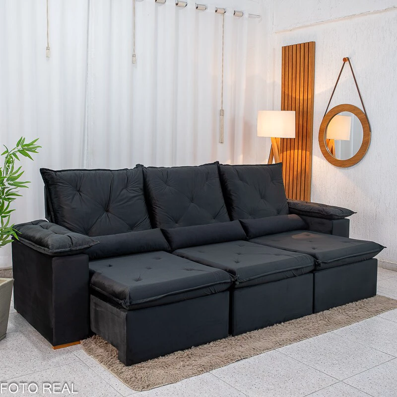 Sofá Retrátil Reclinável City 2.70m Veludo Preto - Sem Caixa - Imagem 3