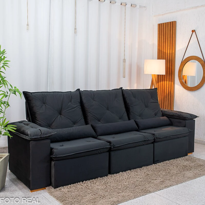 Sofá Retrátil Reclinável City 2.70m Veludo Preto - Sem Caixa - Imagem 7