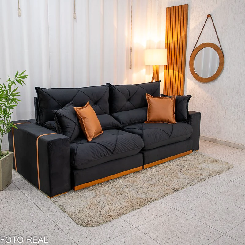 Sofá Retrátil Reclinável Gran Bello 2.30m Veludo Preto 21 - Molas Ensacadas Pocket - Imagem 5