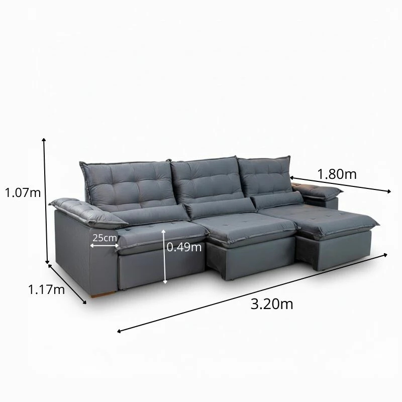 Sofá Retrátil Reclinável Emanuelly 3.20m Veludo Cinza 20 - Imagem 3