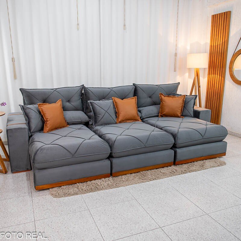 Sofá Retrátil Reclinável Gran Bello 3.20m Veludo Cinza - Molas Ensacadas - Imagem 8