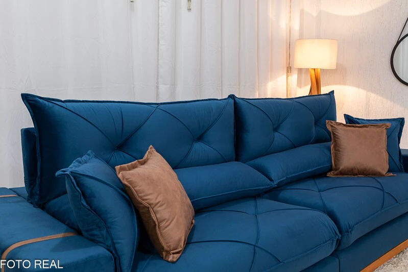 Sofá Retrátil Reclinável Gran Bello 2.90m Veludo Azul - Molas Ensacadas - Imagem 3