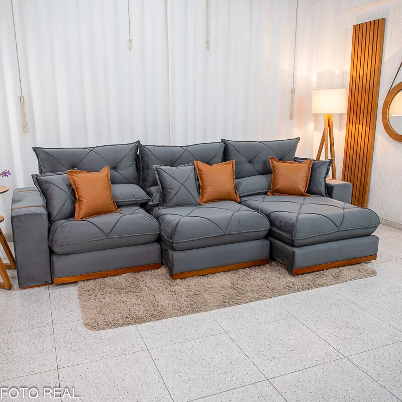 Sofá Retrátil Reclinável Gran Bello 3.20m Veludo Cinza - Molas Ensacadas