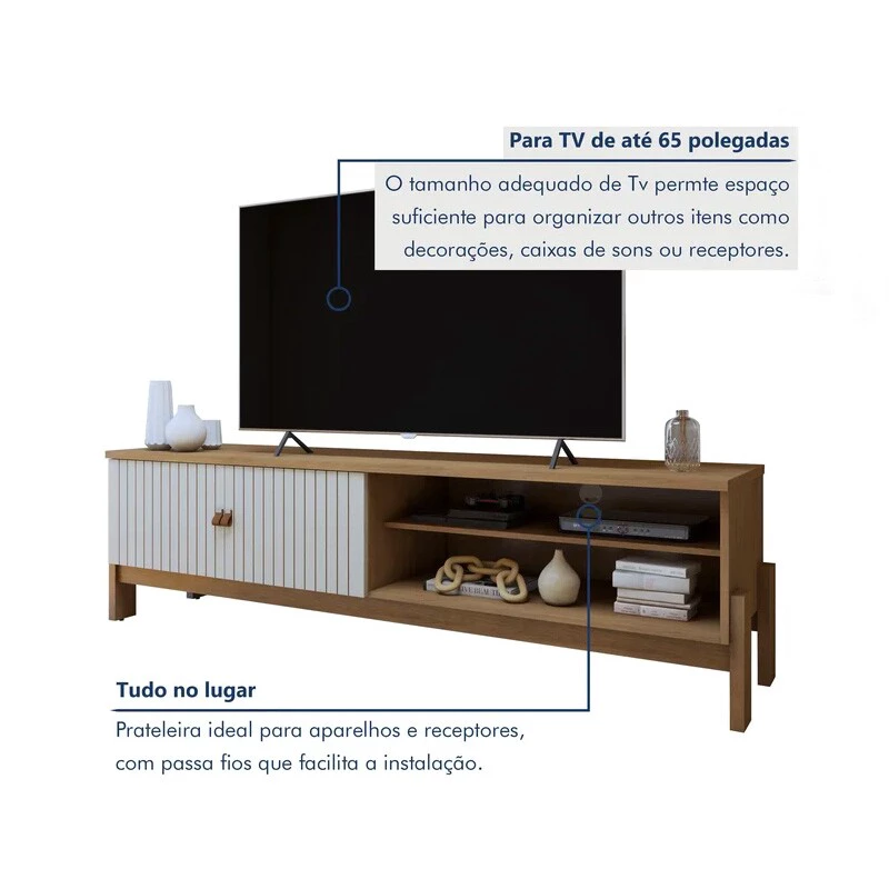 Rack Bancada Ouro Preto Larg. 1.64m Cinamomo/Off C/Detalhe Frisado para TV até 65" - Valdemóveis - Imagem 9