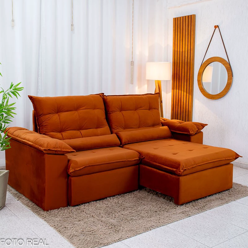 Sofá Retrátil Reclinável Emanuelly 2.30m Veludo Terracota 24