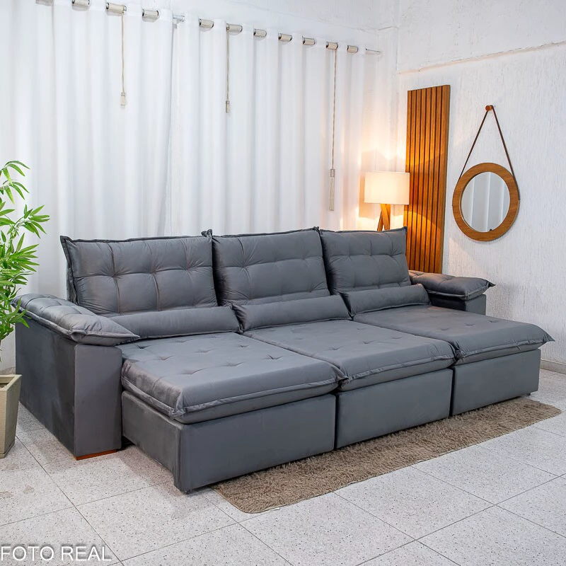 Sofá Retrátil Reclinável Emanuelly 3.20m Veludo Cinza 20 - Imagem 2