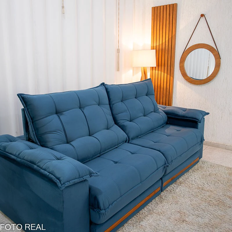 Sofá Retrátil Reclinável Barcelona 2.30m Veludo Azul 325 - D33 e Molas Ensacadas - Imagem 4