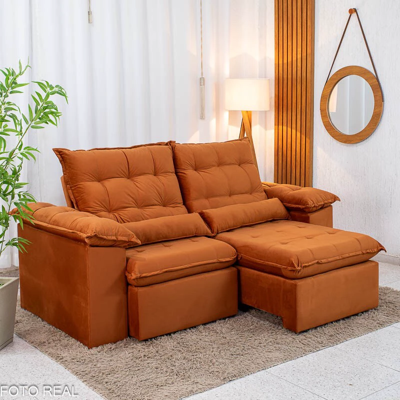 Sofá Retrátil Reclinável Emanuelly 2.00m Veludo Terracota 24