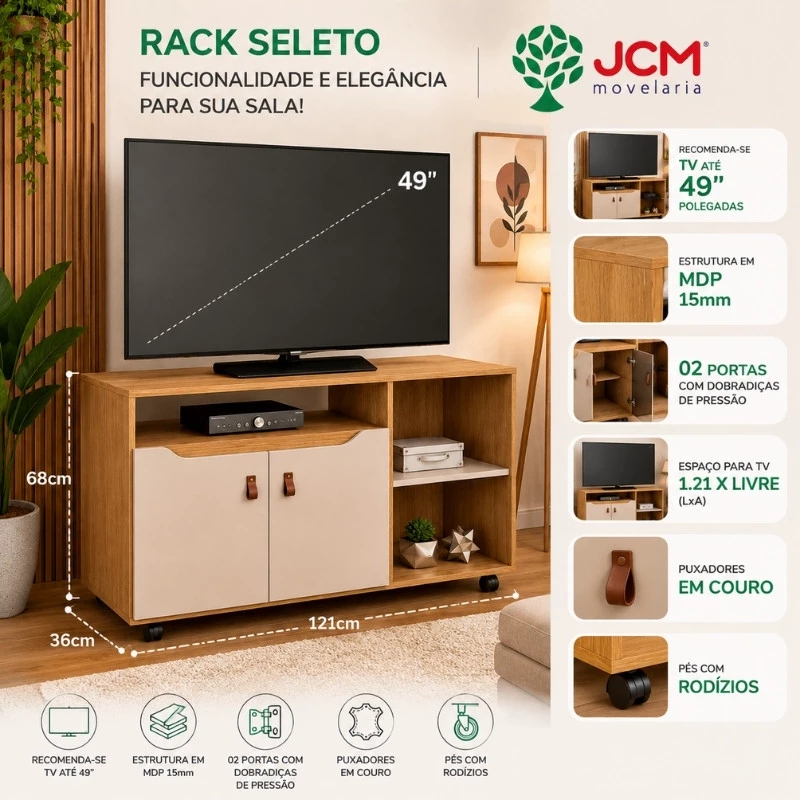 Rack Seleto Candian Larg. 1.21m Cinamomo/Off para TV até 49" - JCM - Imagem 6