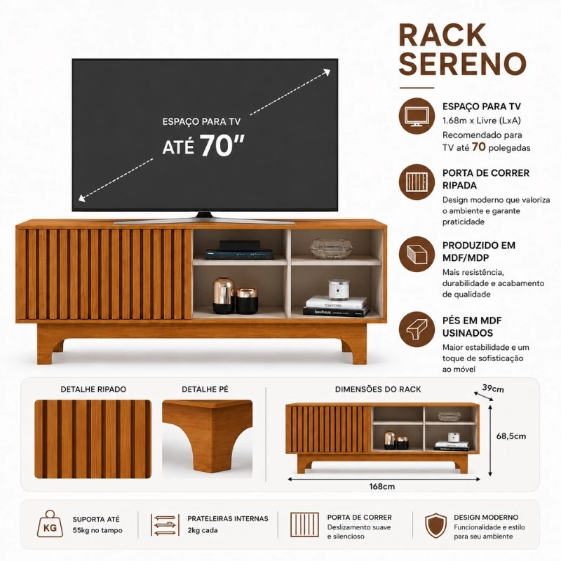 Rack Sereno 1.68m Cinamomo/Off C/Porta Ripada para TV até 70" - JCM - Imagem 7