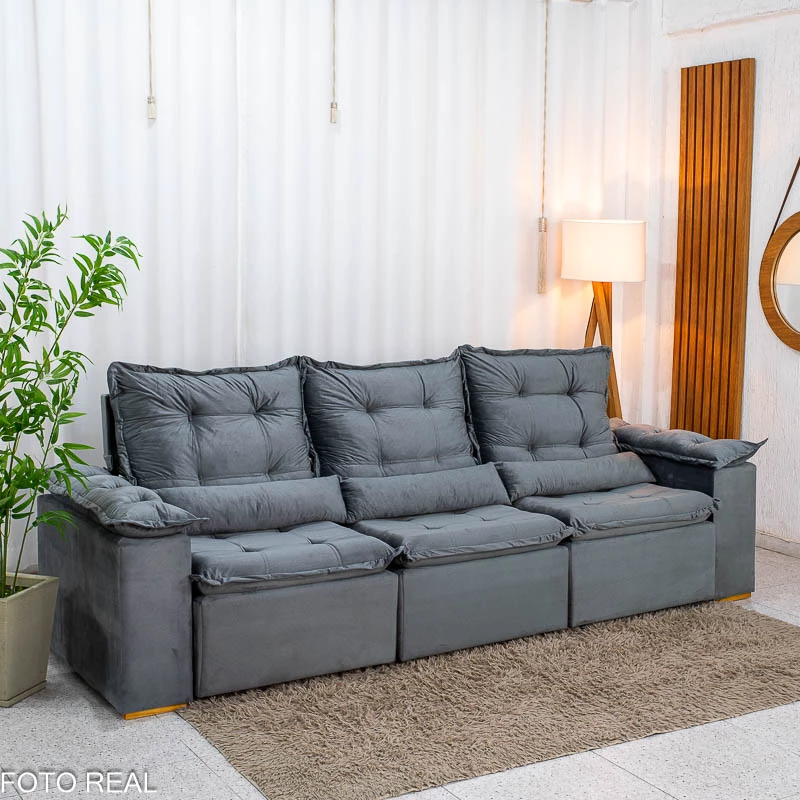 Sofá Retrátil Reclinável Grécia 2.70m Veludo Cinza - Sem Caixa - Imagem 7