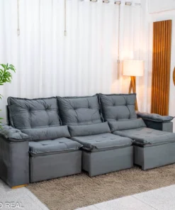 Sofá Retrátil Reclinável Grécia 2.70m Veludo Cinza - Sem Caixa