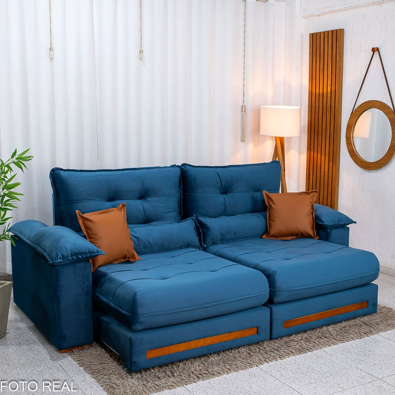 Sofá Retrátil Reclinável Imperial 2.50m Veludo Azul 03 - D33 e Molas Ensacadas - Imagem 2